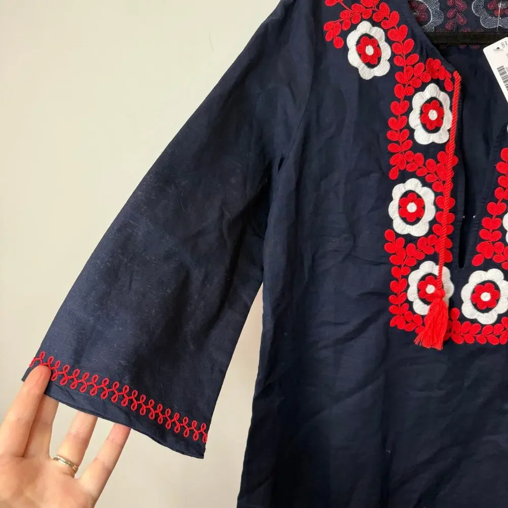 J. Crew‎ Embroidered Beach Tunic Dress NEW Navy Red White Small Linen Cotton